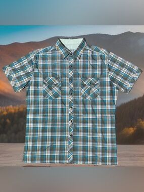 Kuhl Eluxur Shirt Short Sleeve Pearl Snap Button Up Plaid Outdoor Hiking Mens L